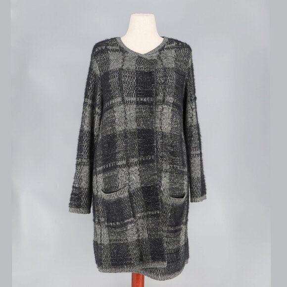 J.JILL Windowpane Long Fuzzy Knit Cardigan Sweater Black Gray Size L - Picture 1 of 8